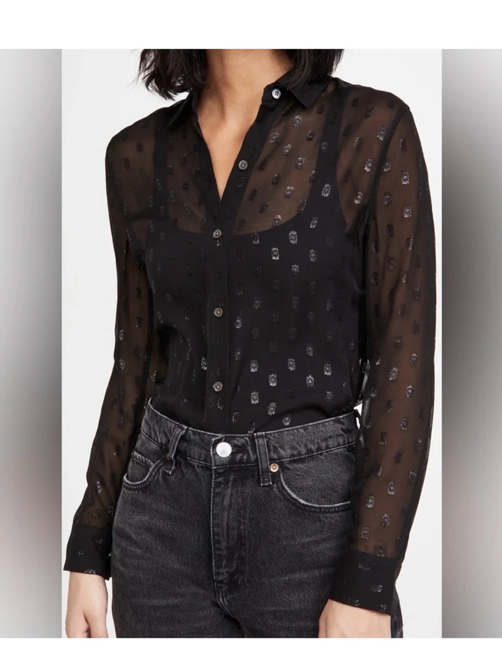 Equipment Black Sheer Button-Down Blouse with Metallic Dot Motif